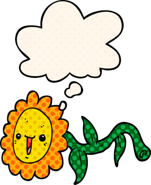 Bir insan tarafından çizilmiş, düşünce baloncuklu çizgi film çiçeği.