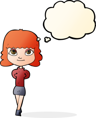 Bir insan tarafından çizilmiş düşünce balonlu mutlu kız çizgi filmi.