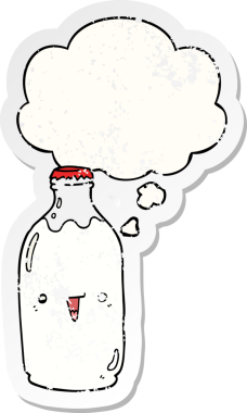 Düşünce baloncuğu olan tatlı çizgi film süt şişesi insan tarafından çizilmiş yıpranmış bir çıkartma gibi.