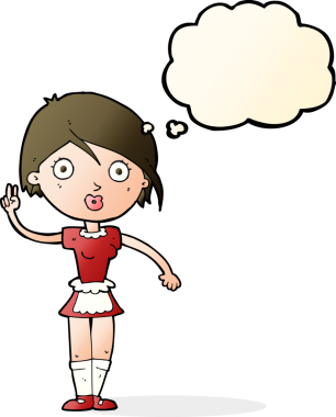 Çizgi film garsonu bir insan tarafından çizilmiş düşünce balonuyla el hareketi yapıyor.