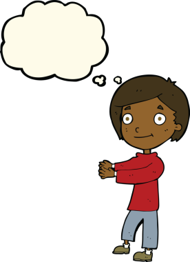 Bir insan tarafından çizilmiş düşünce balonu olan mutlu çocuk çizgi filmi.