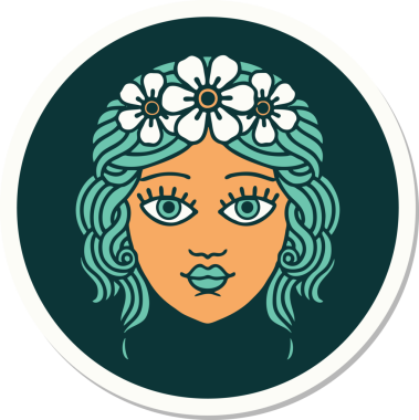 Bir insan tarafından çizilmiş çiçek desenli geleneksel kadın yüzü stili dövme çıkartması.