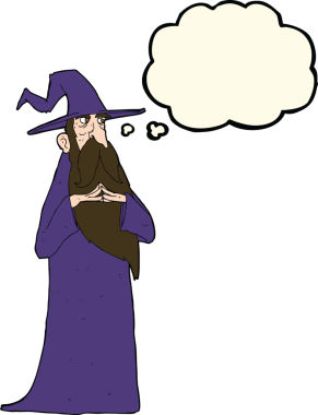 Bir insan tarafından çizilmiş düşünce baloncuğu olan yaşlı bir sihirbaz.