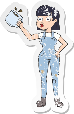 Bir insan tarafından çizilmiş kahve fincanı olan kadın bir çizgi film çalışanının gerilimli retro yapıştırması.