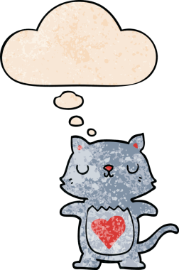 Bir insan tarafından çizilmiş grunge doku tarzında düşünce baloncuğu olan sevimli çizgi film kedisi.