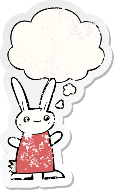 Düşünce baloncuğu olan sevimli çizgi film tavşanı bir insan tarafından çizilmiş yıpranmış bir çıkartma.
