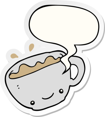 Bir insan tarafından çizilmiş konuşma kabarcığı çıkartmalı bir fincan kahve.