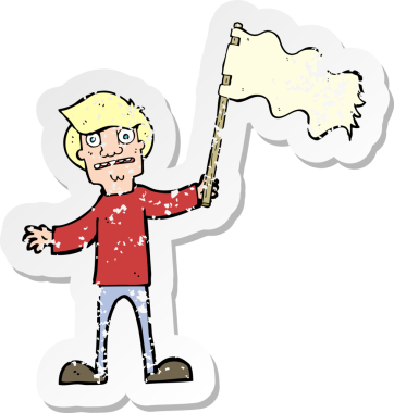 Bir insan tarafından çizilmiş beyaz bayrak sallayan bir karikatürcünün retro sıkıntılı çıkartması.