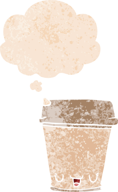 Düşünce baloncuklu çizgi film kahve fincanı grunge sıkıntılı retro dokuma tarzı bir insan tarafından çizilmiş