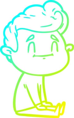 Bir insan tarafından çizilmiş yerde oturan mutlu bir çizgi film karakterinin çizimi.