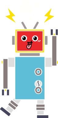 Bir insan tarafından çizilmiş çılgın bir robotun düz renkli retro karikatürü