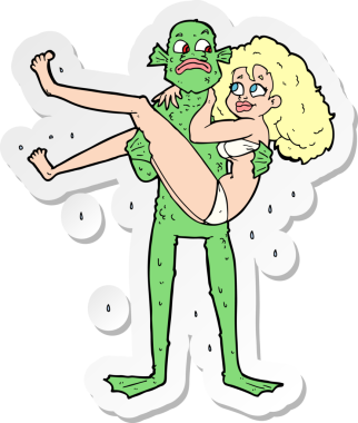 Bir insan tarafından çizilmiş bikinili kadını taşıyan bataklık canavarının çıkartması.