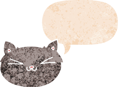 Mutlu çizgi film kedisi grunge 'da konuşma baloncuğu ile sıkıntılı retro dokuma tarzı bir insan tarafından çizilmiş