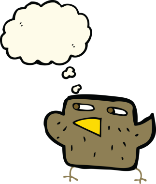 Bir insan tarafından çizilmiş düşünce baloncuklu çizgi film kuşu.