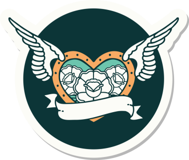 Geleneksel bir dövme stili. Uçan kalp. Çiçekler ve bir insan tarafından çizilmiş bayrak.