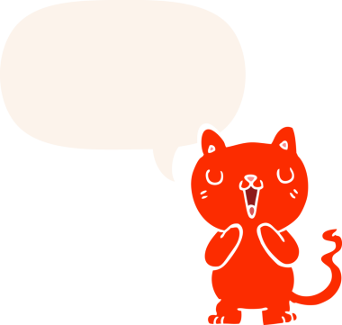 Konuşma baloncuğu olan çizgi film kedisi insan tarafından çizilmiş.