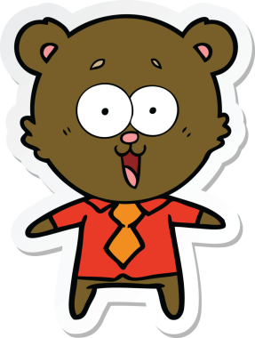 Bir insan tarafından çizilmiş tişörtlü ve kravatlı gülen oyuncak ayı çıkartması.