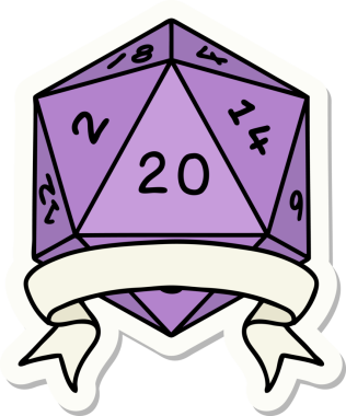 Bir insan tarafından çizilmiş 20 kritik vuruşluk D20 zar etiketi.