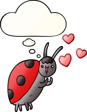 Bir insan tarafından çizilmiş yumuşak eğimli düşünce baloncuğuna aşık tatlı bir uğur böceği.