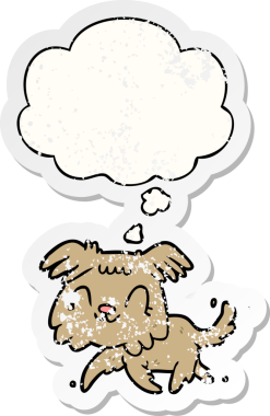 Düşünce baloncuğu olan çizgi film köpeği insan tarafından çizilmiş yıpranmış bir çıkartma gibi.