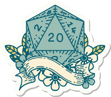 Bir insan tarafından çizilmiş 20 D20 zarının çıkartması.