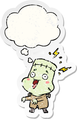 Düşünce baloncuğu olan, insan tarafından çizilmiş, yıpranmış bir çıkartma olan ölümsüz bir canavar adam.