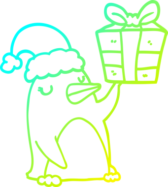 Bir insan tarafından çizilmiş noel hediyeli bir penguen karikatürü.