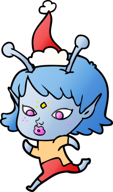 Bir insan tarafından çizilmiş Noel Baba şapkasıyla koşan bir uzaylı kızın güzel el çizimi karikatürü.