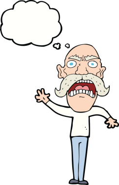 Bir insan tarafından çizilmiş düşünce baloncuğu olan kızgın yaşlı bir adam.