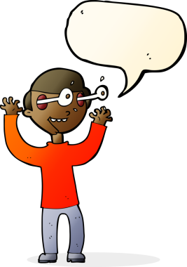 Bir insan tarafından çizilmiş konuşma baloncuğuyla gözleri fırlayan çizgi film adamı.