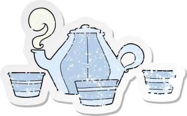 Bir karikatür çaydanlığının sıkıntılı çıkartması ve bir insan tarafından çizilmiş bardaklar.