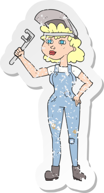 Bir insan tarafından çizilmiş ingiliz anahtarı olan bir çizgi film karakterinin gerilimli retro çıkartması.