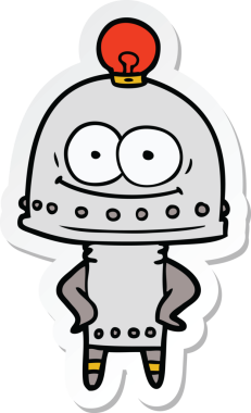 Bir insan tarafından çizilmiş mutlu bir karton robotun çıkartması.