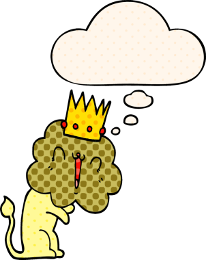 Karikatür aslanı ve bir insan tarafından çizilmiş düşünce baloncuğu.