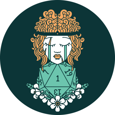 Bir insan tarafından çizilmiş doğal bir D20 ile ağlayan insan barbarlığının simgesi.