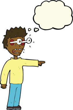 Bir insan tarafından çizilmiş düşünce baloncuğuyla gözleri fırlayan çizgi film adamı.