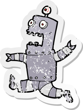 Bir insan tarafından çizilmiş korku dolu bir robot çizgi filmin gerilimli çıkartması.