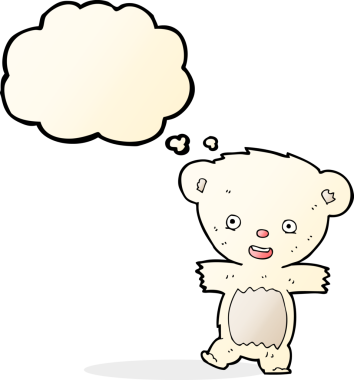 Bir insan tarafından çizilmiş düşünce baloncuklu oyuncak ayı yavrusu.