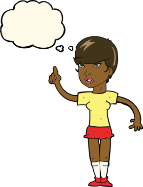 Bir insan tarafından çizilmiş düşünce baloncuğu fikri olan karikatür kadın.