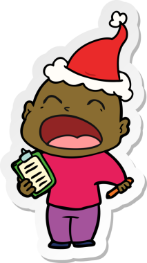 Bir insan tarafından çizilmiş Noel Baba şapkası giymiş bağıran kel bir adamın el yazısı.