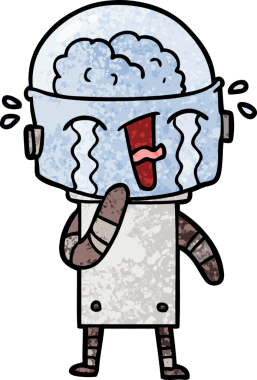 Bir insan tarafından çizilmiş ağlayan robot çizgi film.