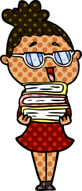 Bir insan tarafından çizilmiş gözlüklü mutlu kadın çizgi filmi.