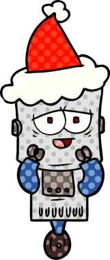 Bir insan tarafından çizilmiş Noel Baba şapkası giyen bir robotun el çizimi çizgi roman tarzı çizimi.