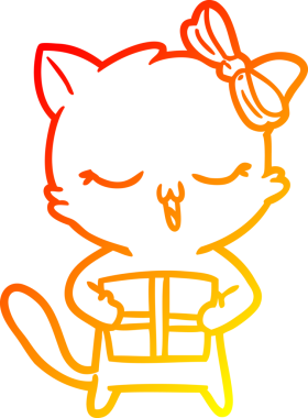 Bir insan tarafından çizilmiş Noel hediyeli çizgi film kızı bir kedinin sıcak çizgi çizimi