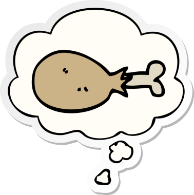 Düşünce baloncuğuyla pişirilmiş tavuk budu bir insan tarafından çizilmiş çıkartma.