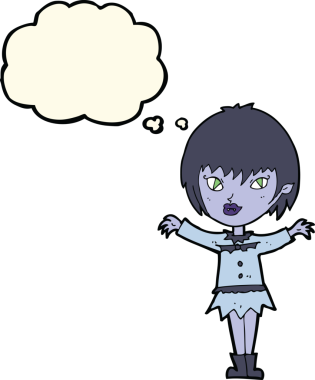 Bir insan tarafından çizilmiş düşünce balonlu vampir kız.