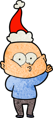 Bir insan tarafından çizilmiş Noel Baba şapkası giymiş kel bir adamın el çizimi karikatürü.