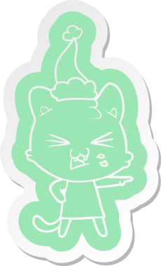 Bir insan tarafından çizilmiş Noel Baba şapkası takan bir kedinin garip çizgi film çıkartması.