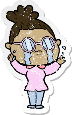 Bir insan tarafından çizilmiş gözlüklü, ağlayan bir karikatür çıkartması.