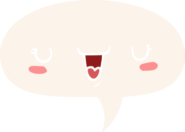 Bir insan tarafından çizilmiş eski moda konuşma baloncuklu sevimli mutlu yüz karikatürü.